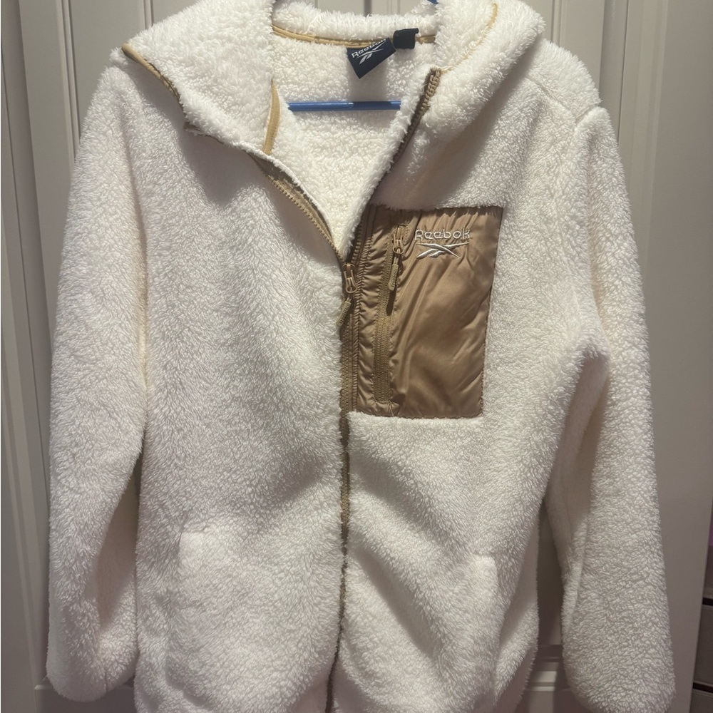 Reebok White Fleece Jacket with Tan Accents